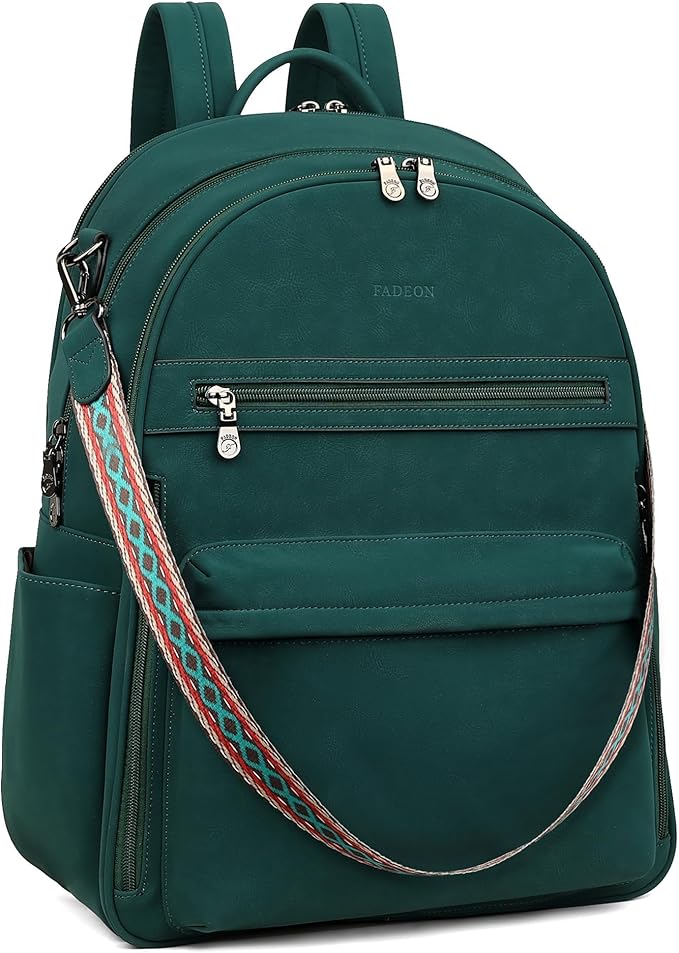 FADEON 15.6 inch Laptop Backpack Purse for Women Designer PU Leather Computer Backpacks Fashion for Work Travel Green