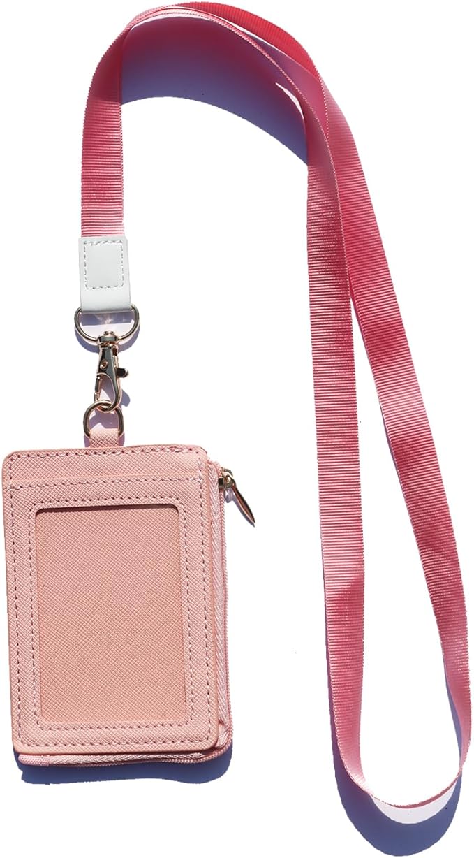 2-in-1 ID Badge Holder & Elastic Card Holder Wallet,Minimalist Men & Women Zip Card Holder Wallet with Neck Lanyard,3 Card Slots and 1 Side Zipper Pocket (Pink-A)