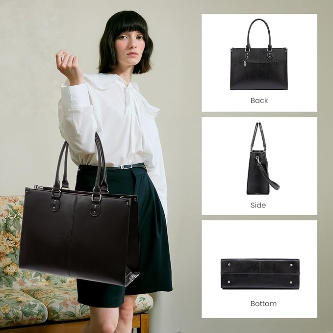 LOVEVOOK Laptop Tote Bag for Women, 15.6 Inch Large Capacity Vintage Leather Work Computer Bag, Business Casual Shoulder Handbag, Black