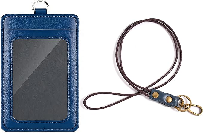Leather ID Badge Holder with Lanyard for Women and Men, Vertical ID Card Holder, 2 Card Slots, 19 Inch Neck Lanyard for Work, School, Office