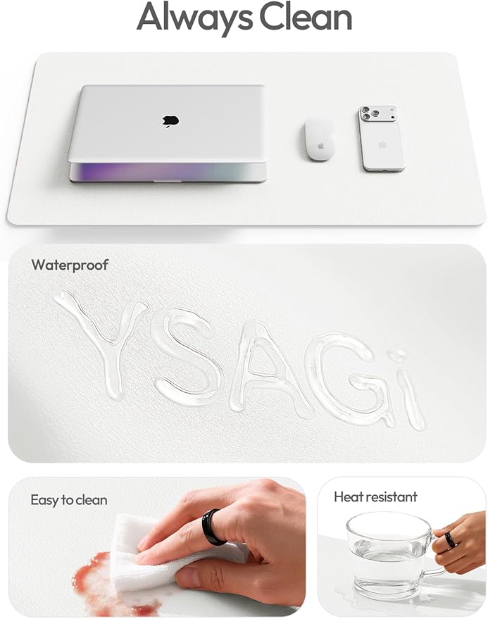 YSAGi Leather Desk Protector, Office Mat, Large Mouse Mat, Non-Slip PU Leather Blotter, Laptop Desk Pad, Waterproof Writing Pad for Office and Home (White, 35.4" x 17")