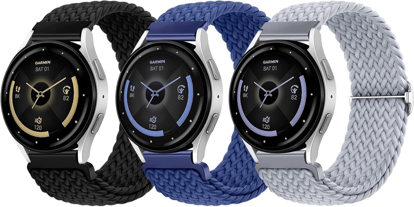 SNBLK 3 Pack 18mm 20mm 22mm Braided Watch Band Compatible with Garmin Vivoactive 5 Watch Bands/Vivoactive 6/3/4s, Quick Release Adjustable Elastic Nylon Loop Strap for Venu 3S/2S/Venu 3/2 Women Men