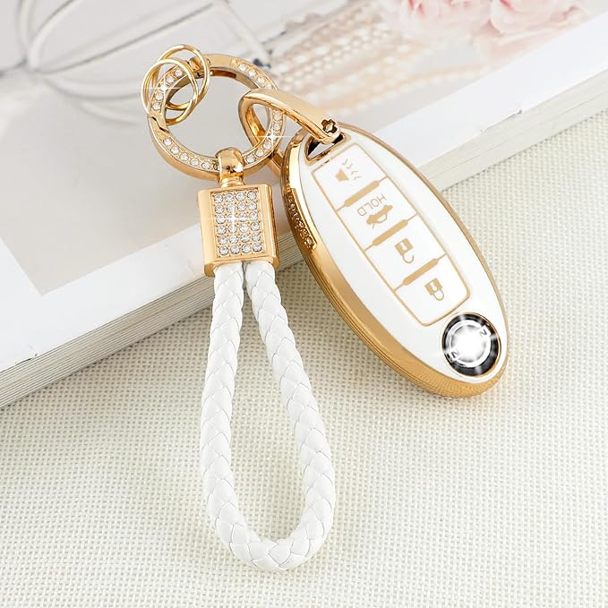 PIFOOG for Nissan Key Fob Cover Altima Rogue Sentra Murano Armada Pathfinder Accessories 4 Buttons Soft TPU White Gold Car Keys Case Shell Protecor Girly Women Cute