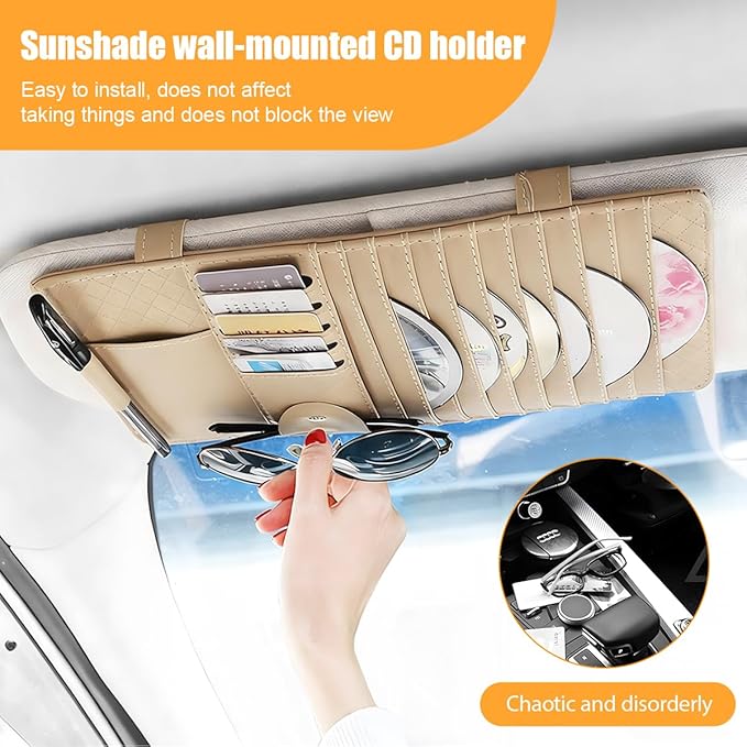 Zpana Car Sun Visor CD Case Holder, Multi-Function Vehicle DVD Eyeglass Organizer Clip with 10 DVD Storage Sleeves, Automotive Card Slots & Pen Holder Bag, Universal for SUV RV Truck (Beige)