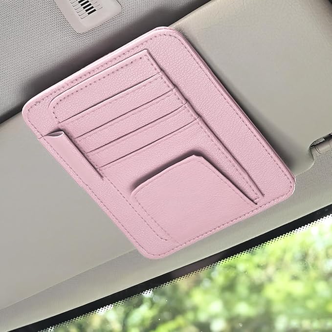 Car Sun Visor Organizer, PU Leather Vehicle Visor Document Storage Pocket for Sunglass Card Pen, Multifunctional Automotive Interior Holder Accessories, Universal Fit (Pink)