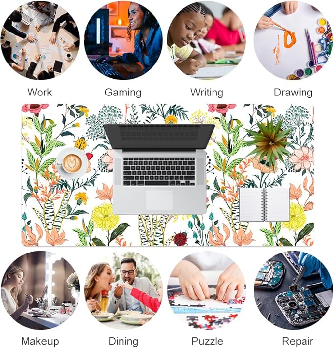 QiyI Floral Large Mouse Pad, Colorful Desk Mat for Desktop, Women Girls Desk Accessories Office Décor, PU Leather Waterproof Big Gaming Mousepad, Blooming Flowers Desk Pad Computer Mat, 31.5" x 15.7"