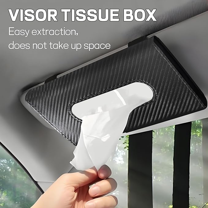 Car Tissue Holder, Leather Tissue Holder for Car Sun Visor, Rectangular Auto Sun Visor Napkin Holder Mask Dispenser, Universal Vehicle Tissue Box Sun Visor Accessory (Carbon Fiber)