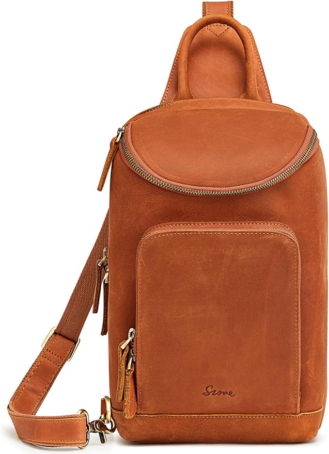 S-ZONE Sling Bag for Women Men Genuine Leather Vintage Crossbody Chest Bags Backpack Daypack Outdoor Travel