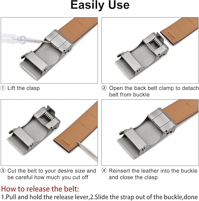 SENDEFN Men's Leather Belt Automatic Ratchet Buckle Slide Belt for Dress Casual Trim to Fit with Gift Box