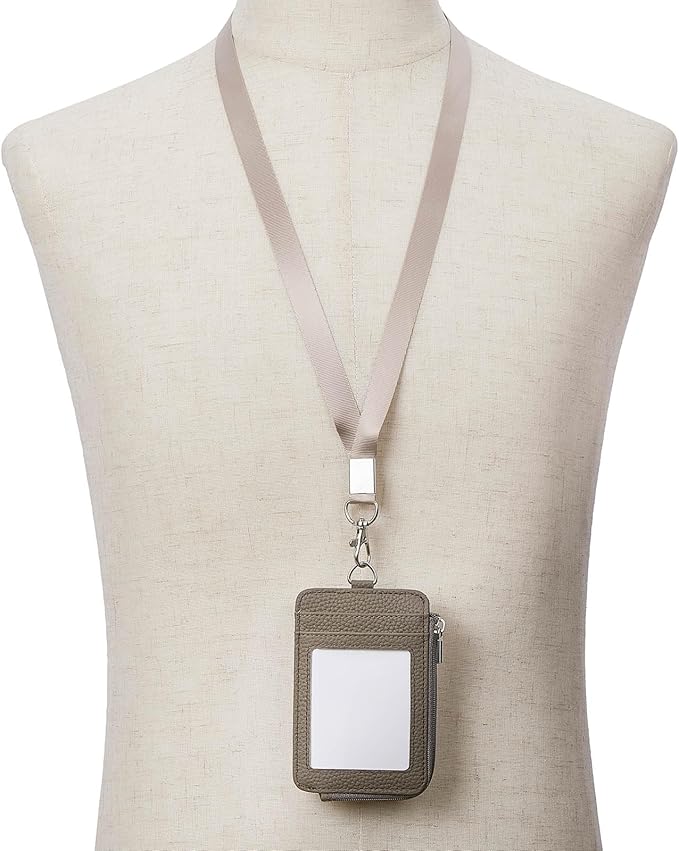 Badge Holder – Genuine Leather ID Badge Holder with Zipper Pocket and Nylon Lanyard – Perfect for Badges, Cards, and More
