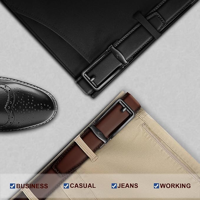 BULLIANT Men Ratchet Belt 2 Pack, Click Sliding Leather Belt Adjustable for Gift Men Dress Casual Jeans 1 3/8,Cut for Fit