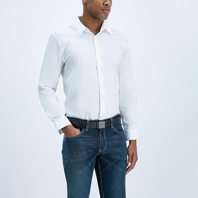 Calvin Klein Men's Plaque Buckle Belt - Casual Modern Style With Logo Detail for Jeans and Dress Pants