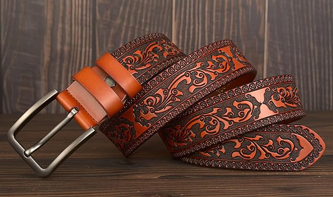 Men's Casual Genuine Leather Jeans Belts Vintage Leather Engraved Strap with Single Prong Buckle