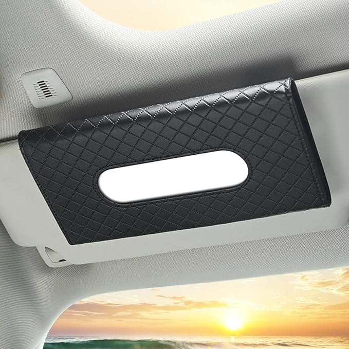 Car Tissue Refill Holder, Tissue Holder for Car, Black PU Leather Car Sun Visor Tissue Paper Storage Box Holder Cases, Hanging Tissue Clip, Car Napkin Holder