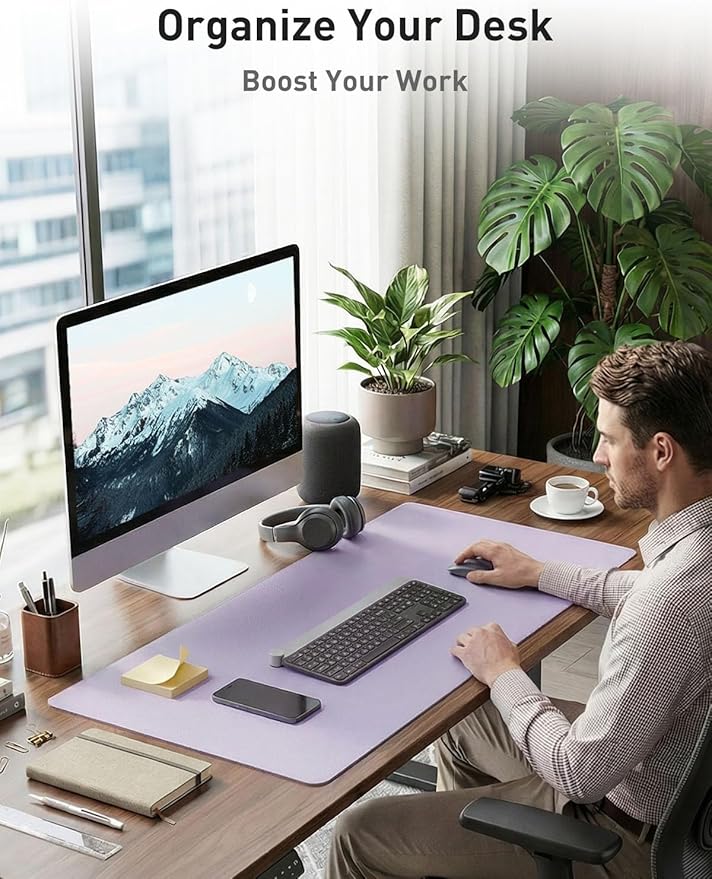 Aothia Faux Leather Desk Mat - Non-Slip PU Leather Desk Blotter, Waterproof Writing Surface, Large Desk Pad for Office & Home (Lavender, 55" x 17")