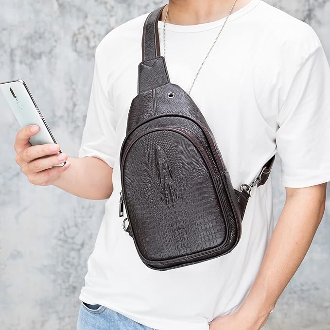 NIUCUNZH Crocodile Leather Sling Bag with Leather Strap, 3 Zipper Crossbody Shoulder Bags for Travel Hike Everyday Carry