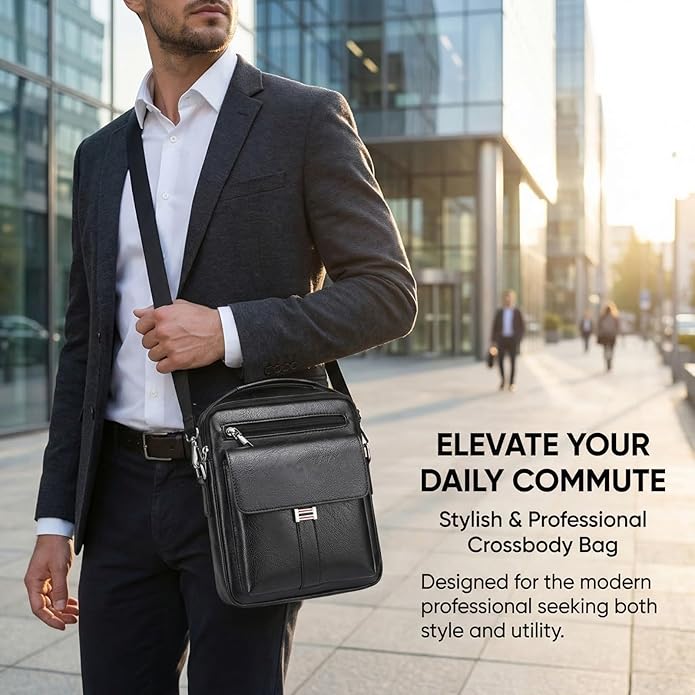 Men's Leather Crossbody Bag, Casual leather Bag for Men, Crossbody Bag Office Business,Handbag Purse Zipper