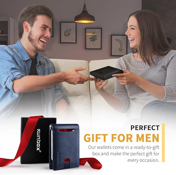 RUNBOX Slim Money Clip Wallets for Men RFID Blocking 11 Card Holder Minimalist Small Thin Carbon Leather Bifold Mens Front Pocket Wallet Gift Box