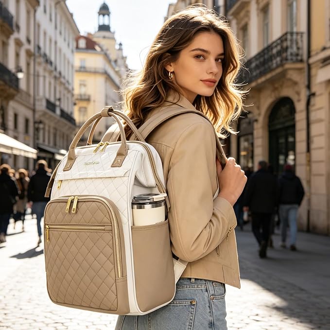 EMPSIGN 17 Inch Laptop Backpack for Women, Work Business Travel Computer College Bags, Large Capacity Water-repellent Quilted Casual Daypack, Beige-Khaki