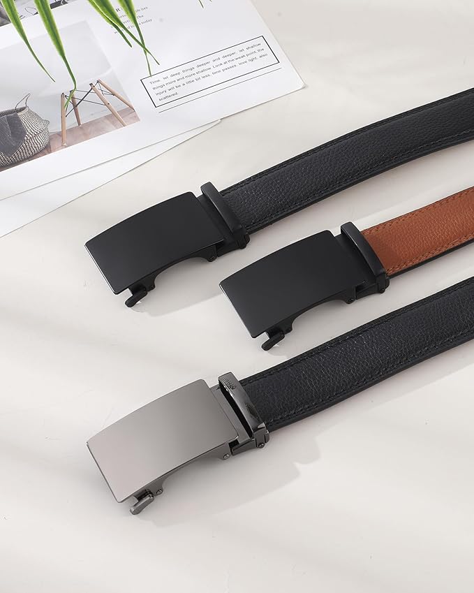 Kajeer Men Ratchet Belt Leather Adjustable Trim to Fit No Holes Slide Dress Belt for Casual Formal Gift