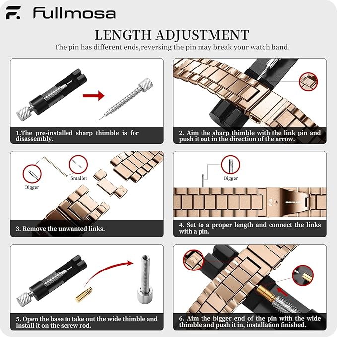 Fullmosa 20mm Stainless Steel Watch Band, Quick Release Metal Replacement Strap with Removable Links, Includes Spring Bars & Link Removal Tool for Men Women (Rose Gold)