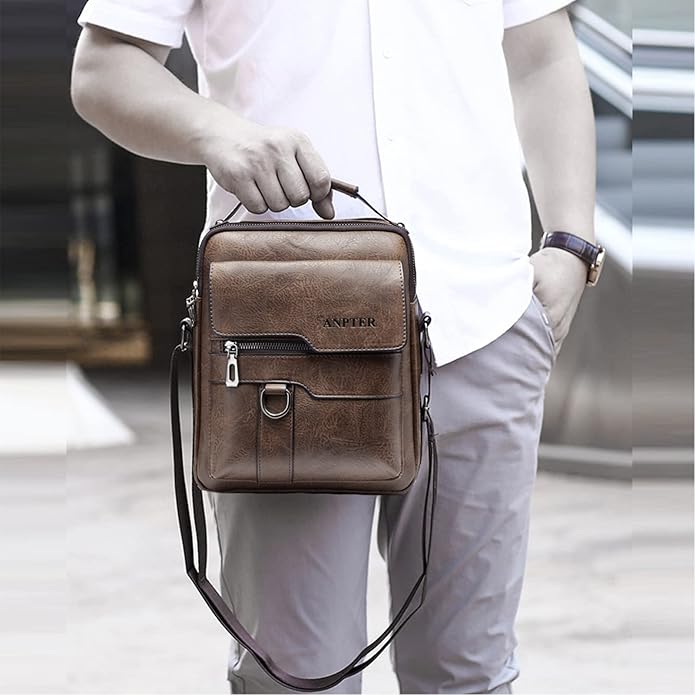 Messenger Bag for Men Crossbody Shoulder Purse Small Vintage PU Leather Satchel Pouch Side Crossover Handbag