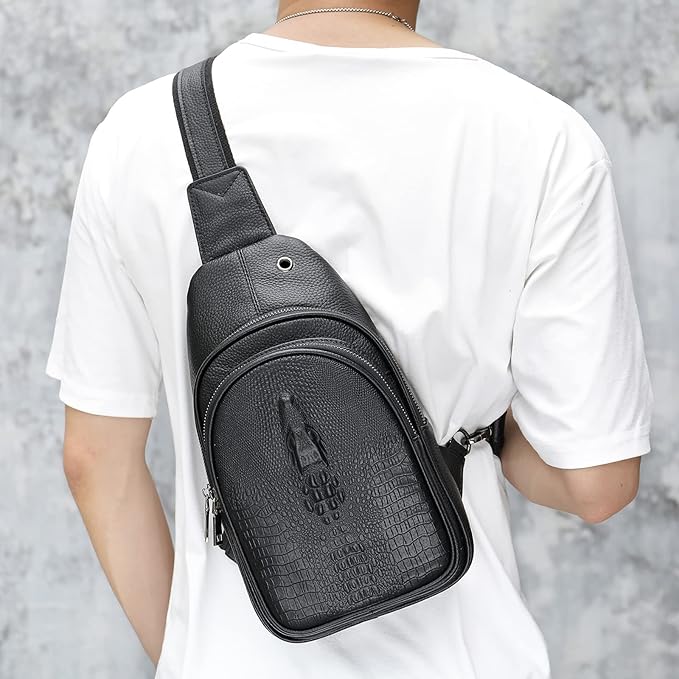 NIUCUNZH Crocodile Leather Sling Bag with Leather Strap, 3 Zipper Crossbody Shoulder Bags for Travel Hike Everyday Carry