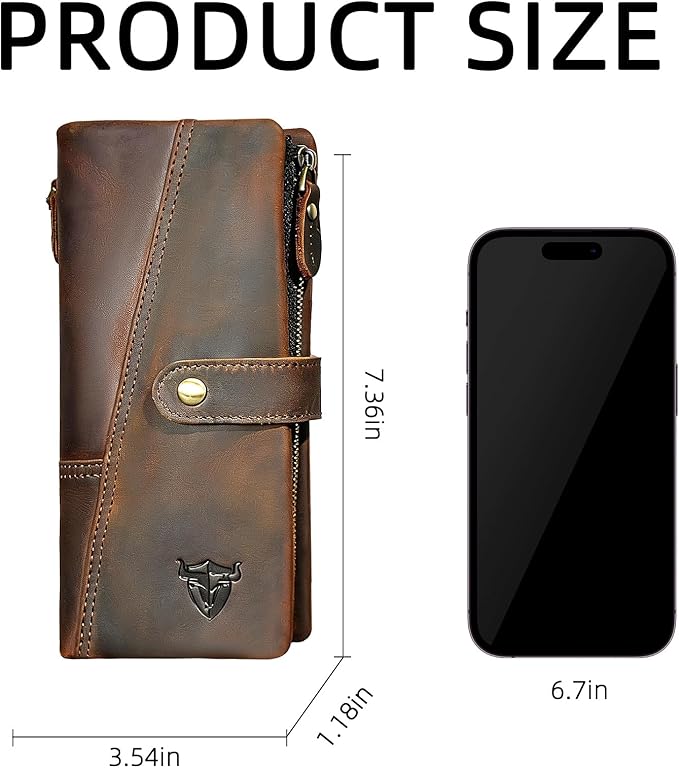 Genuine Crazy Horse Leather Travel Gift Coin Pocket Card Case Long Organizer Chain Rfid Wallet Purse With Snap For Men Male 1803 1815 (1803 Brown-No Chain)