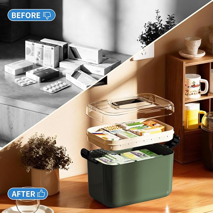 2 Tiers Medicine Organizer - Portable Medicine Storage Box with Handle, Large Capacity Plastic Medical Cabinet, Multipurpose Supply Organizer with Removable Tray, Empty First Aid Kit for Home