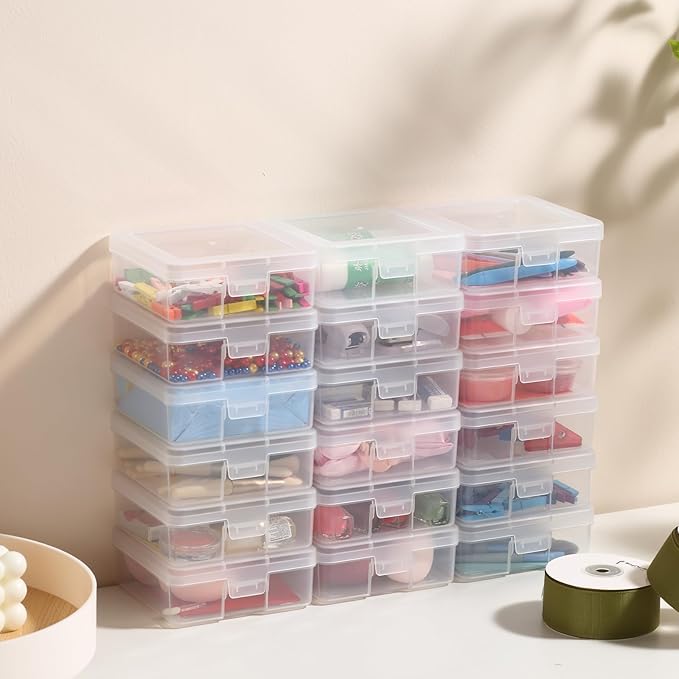 novelinks Plastic Small Storage Bins with Lids for Organizing, Mini Clear Storage Containers and Stackable Storage Box Organizer for Pencil Boxes, Task Boxes, Crayon Boxes (18 Pack Small)