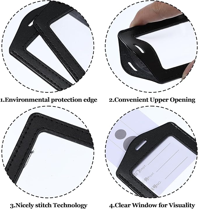 Leather ID Badge Holders, Mabor 2 Pcs Leather ID Badge Holder Vertical Double-Side Clear Card Holder Waterproof Name Badge Holder for Office Staff Students School ID Credit Cards(Black)