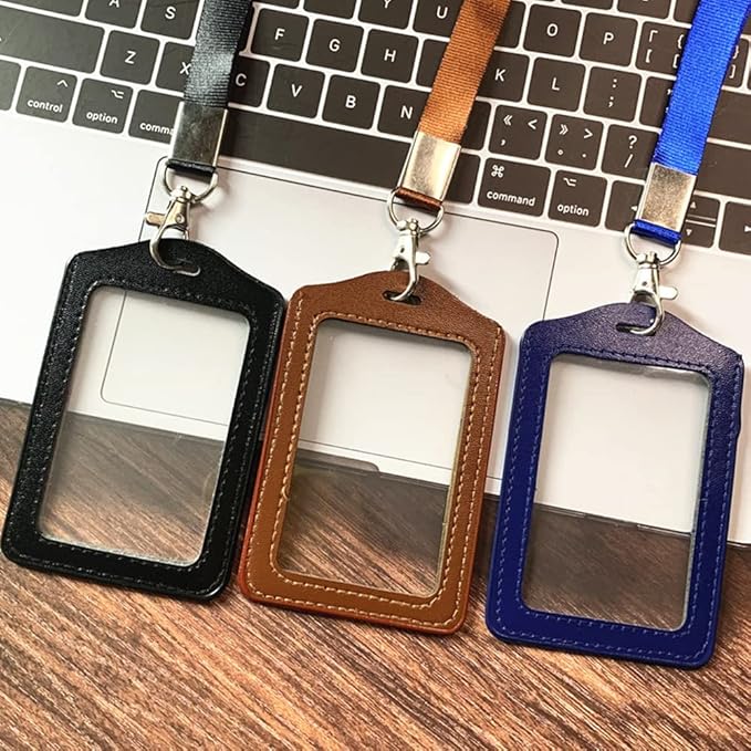 3 Pack Genuine Leather Badge Holders, Vertical ID Card Holders with Double-Side Clear Window, Waterproof Clear Card Holder for Office, Staff, Students, Employees