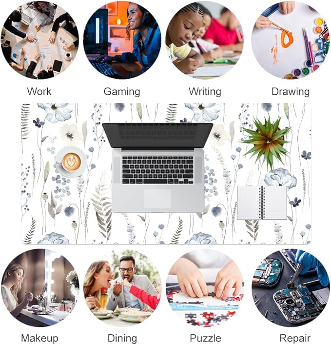 QiyI Large Mouse Pad for Desk, Floral Desk Mat for Desktop, Women Girls Office Décor Desk Accessories, PU Leather Waterproof Gaming Mousepad, Watercolor Flowers Desk Pad Computer Mat, 31.5" x 15.7"