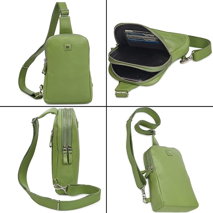 Leather Sling Bag for Women Genuine Crossbody Purse Small Trendy Cross Over Chest with Phone and Credit Card Slots (Sage Nappa)