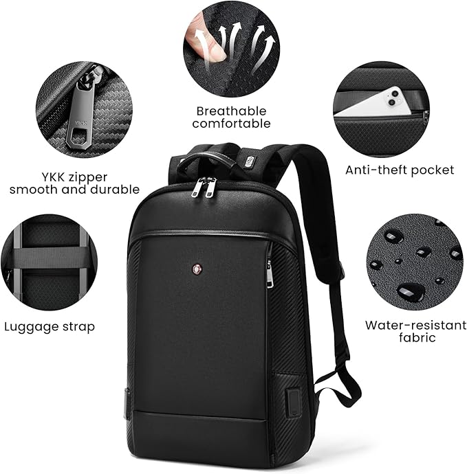 CROSSGEAR Full-Grain Genuine Leather Laptop Backpack, Slim Lightweight Backpack for Men, Charging Port, Fits 15.6” Laptop, Water Resistant, Business Computer Backpack for Work Office Casual, Black