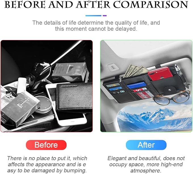 Car Sun Visor Organizer, Leather Storage Pocket Sun Visor Pouch with Zipper for Cards License Registration Pen Glasses Document, Fits Most Car SUV, Auto Interior Accessories for Men Women (Black)