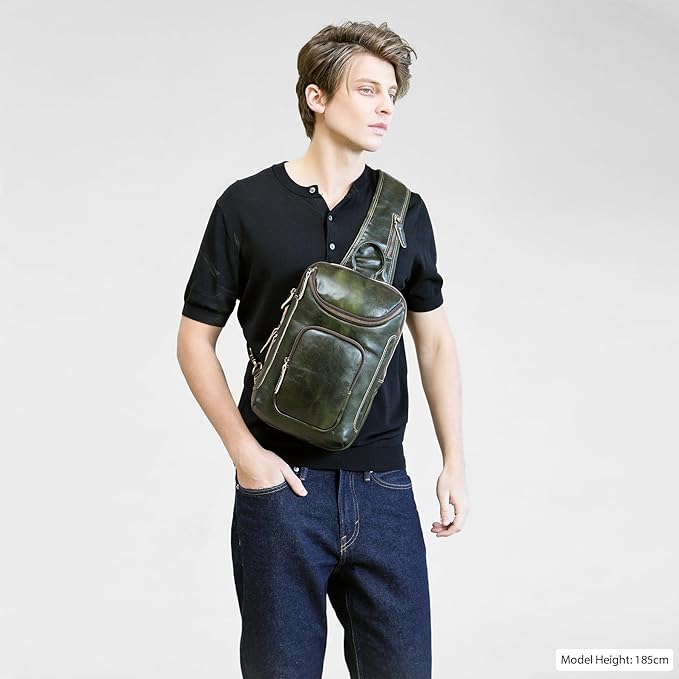 LANNSYNE Vintage Full Grain Leather Sling Bag Crossbody Chest Daypack | Vintage, Full Grain, Leather, Chest
