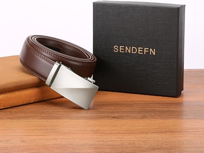 SENDEFN Men's Leather Belt Automatic Ratchet Buckle Slide Belt for Dress Casual Trim to Fit with Gift Box