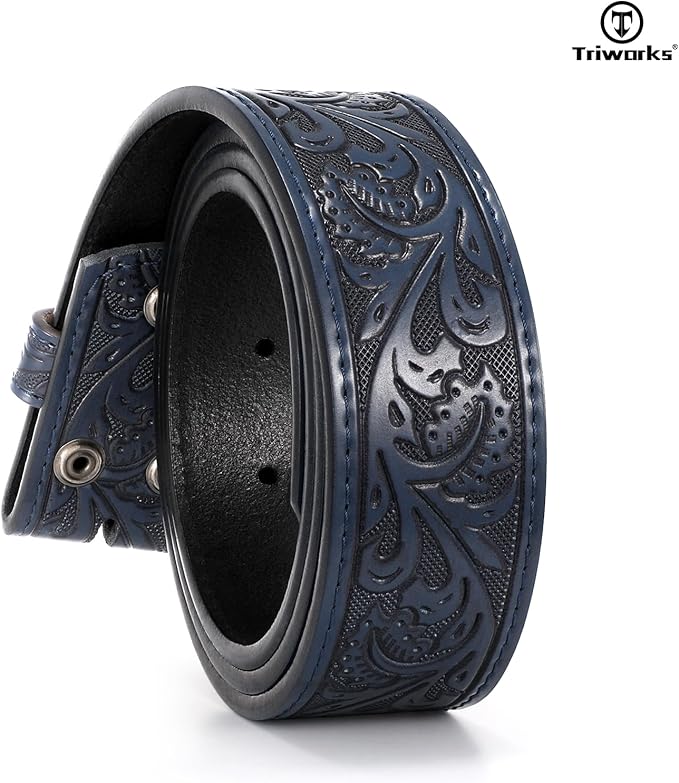 TRIWORKS Western Belt Strap for Men without Buckle 1.5" Wide Floral Engraved Embossed Leather Belt Strap