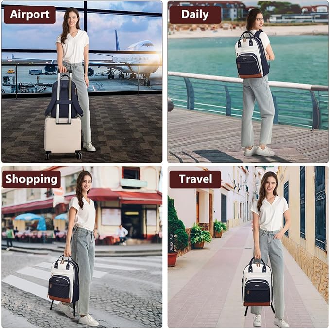 Laptop Backpack for Women, Fits 15.6 Inch Laptop Bag, Fashion Travel Work Backpack Anti-theft Bag with USB Charging, Business Computer Waterproof Backpack Purse, Beige Blue Brown