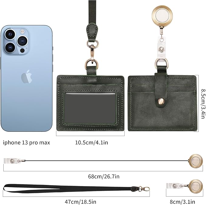 Wonderpool Leather Horizontal Badge Holder with Detachable Neck Lanyard and Retractable Badge Reel Clip, Card Slots Case ID Card Holder for ID Badges Card and Driver Licence (Green)