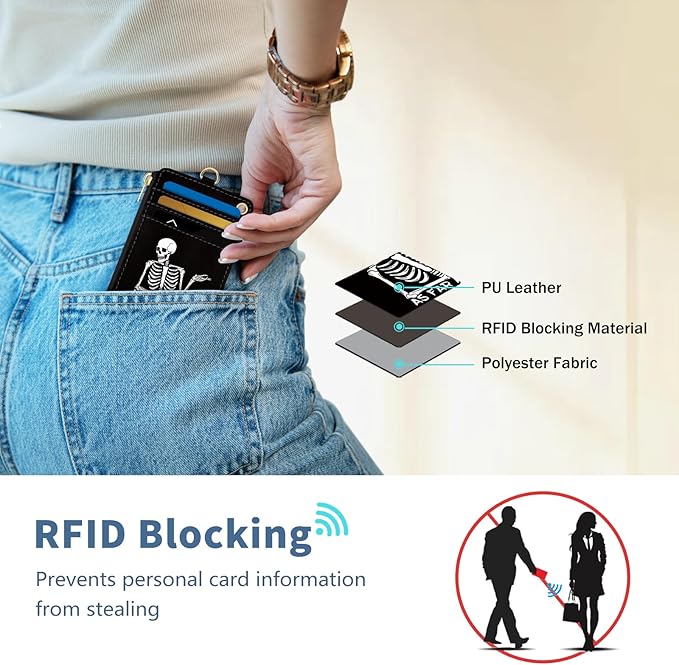 Lanyard Wallet with Id Badge Holder, Skeleton RFID Small Keychain Wallet Women Wristlet, Funny Zipper Credit Card Holder Phone Wrist Neck Strap for Key Name Tag, Teacher Student Office Gifts