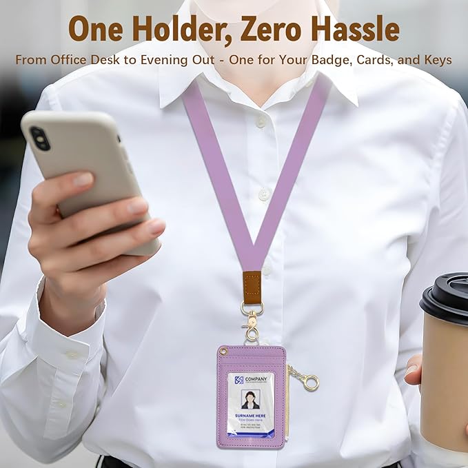 Christian Leather Badge Holder with Zipper Pocket, Purple Christ Work Lanyards and 1 Zip Pocket, 4 Card Slots, Breakaway Lanyards with Metal Clasp for Offices, Adult, Employees