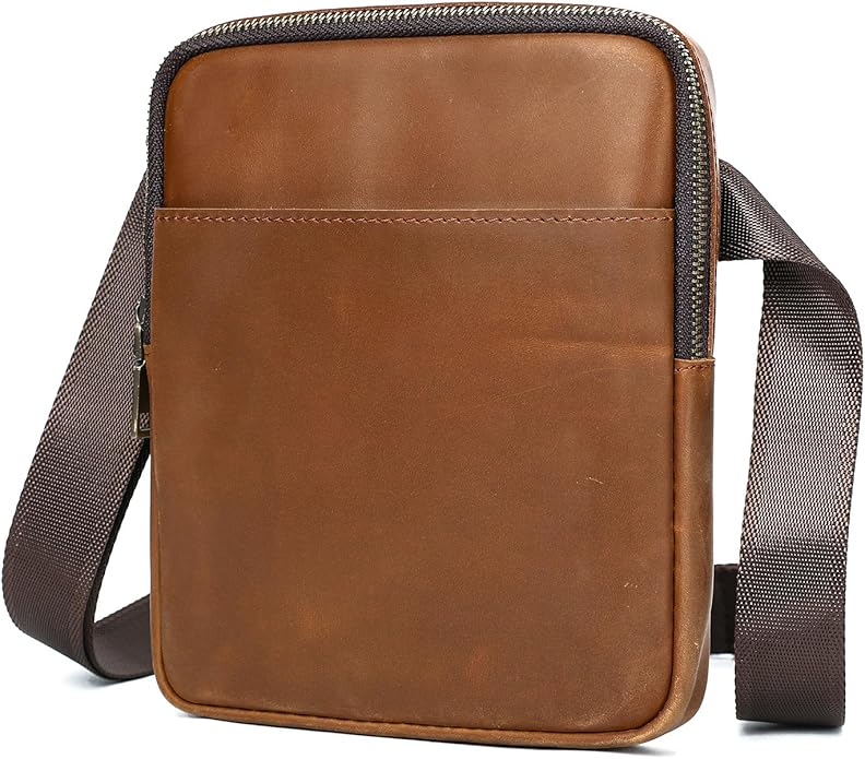 NIUCUNZH Man Purses and Bags Small, Mini Genuine Leather Messenger and Shoulder Bag for Men with lots of Zipper Pockets