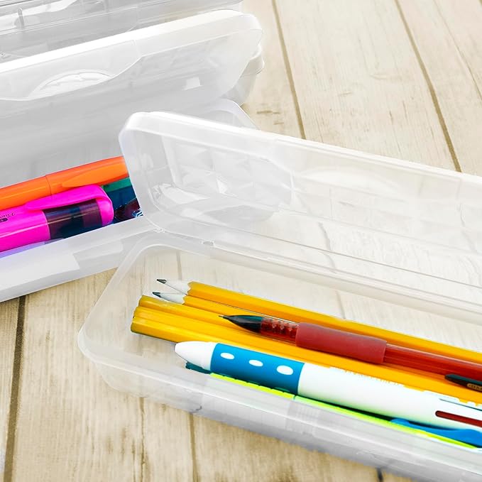 BAZIC PRODUCTS Plastic Pencil Case, Multi Purpose Organizer & Supply Holder, Clear Box Design, Durable Plastic Storage for School, Office, Classroom & Craft Supplies, 4-Pack