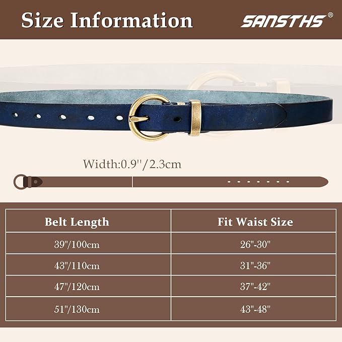 SANSTHS Womens Genuine Leather Belts for Jeans Pants Trendy Vintage Thin Leather Belt Gold Buckle Ladies Skinny Waist Belt