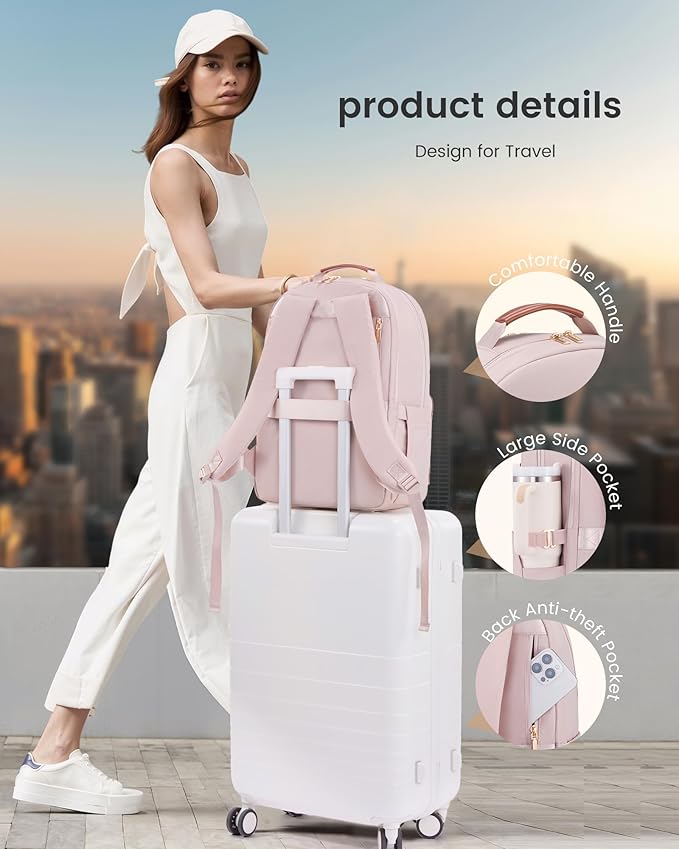LOVEVOOK Laptop Backpack for Women with Leather Trim & Tumbler Pockets, 17.3" Work Backpack Purse, Travel Personal Item Bag, Carry On Business Computer Bag for Office, School, or Gift, Apricot Brown