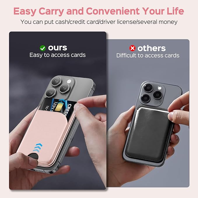 QYQBOON Mag-Safe Wallet for Women Strongest Magnetic Lightweight Phone Wallet Stand Adjustable Leather Card Holder for iPhone 17/16/15/14/13/12 Series, Not for iPhone 13/12 Mini (Pink)