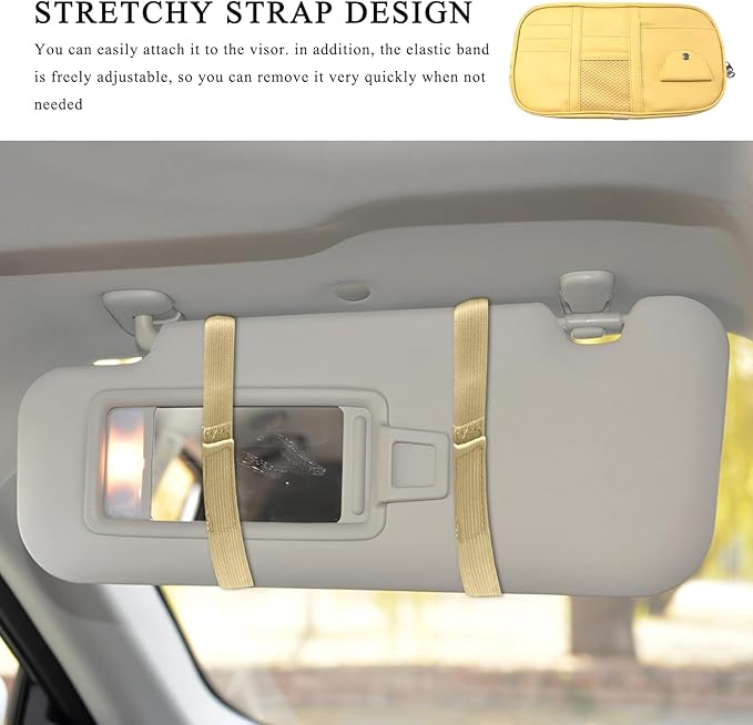 Car Sun Visor Organizer, Leather Multi-Pocket Visor Organizer Pouch with Double Zippers Net, Sunglass Holder Storage Pocket for License Pen Key Card Registration Document (Beige)