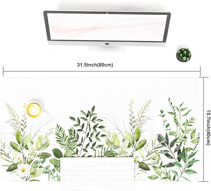 Colorful Star Large Mouse Pad, Green Leaves Waterproof Office Desk Mat, Non-Slip Computer Gaming Mouse Pad, XXL PC Laptop Protector Pads, PU Leather Desk Writing Pads for Office Home, 31.5" x 15.7"